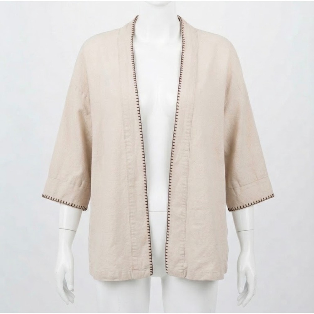 Zero Plus Linen Blend Open Front Kimono Cardigan Jacket Beige M